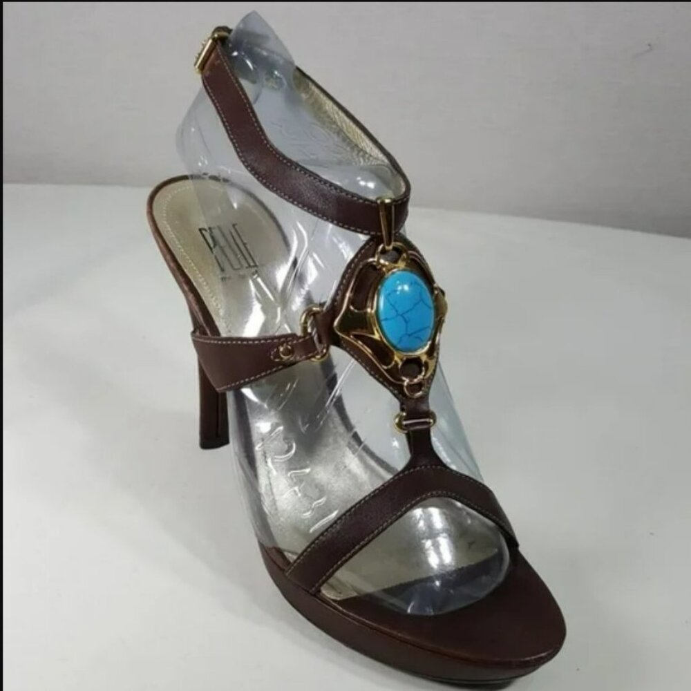 Pelle Moda Sz 9.5 Turquoise Jewel Embellished Heeled Ankle Strap Sandals